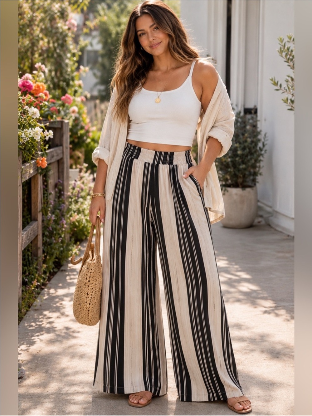 Cider Silky Stripe High Waisted Wide Leg Palazzo Pants 2XL Black Ivory Pull On